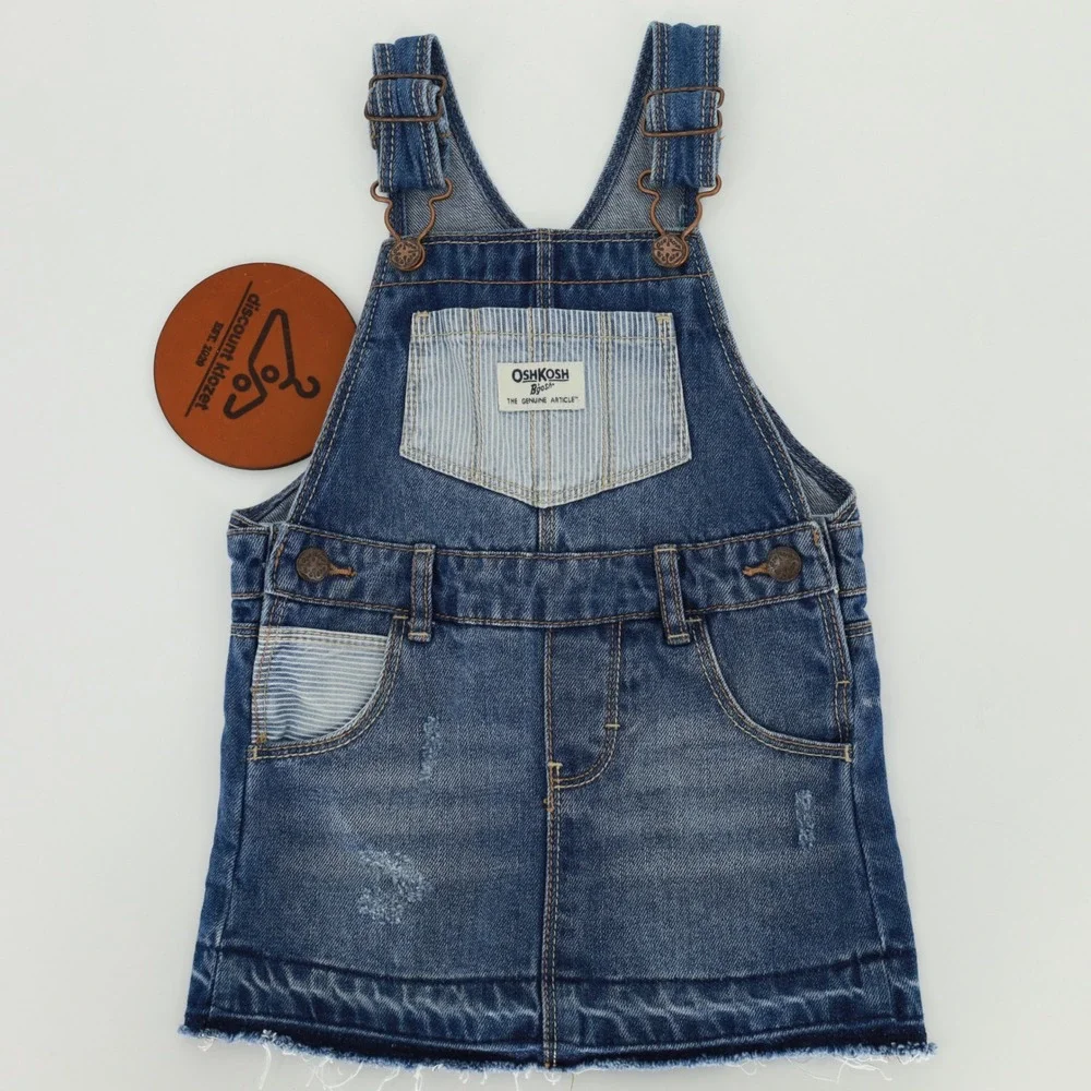 OshKosh‎ Bgosh Girls 24M Denim Overall Jumper Dress Hickory Stripe Pockets Blue